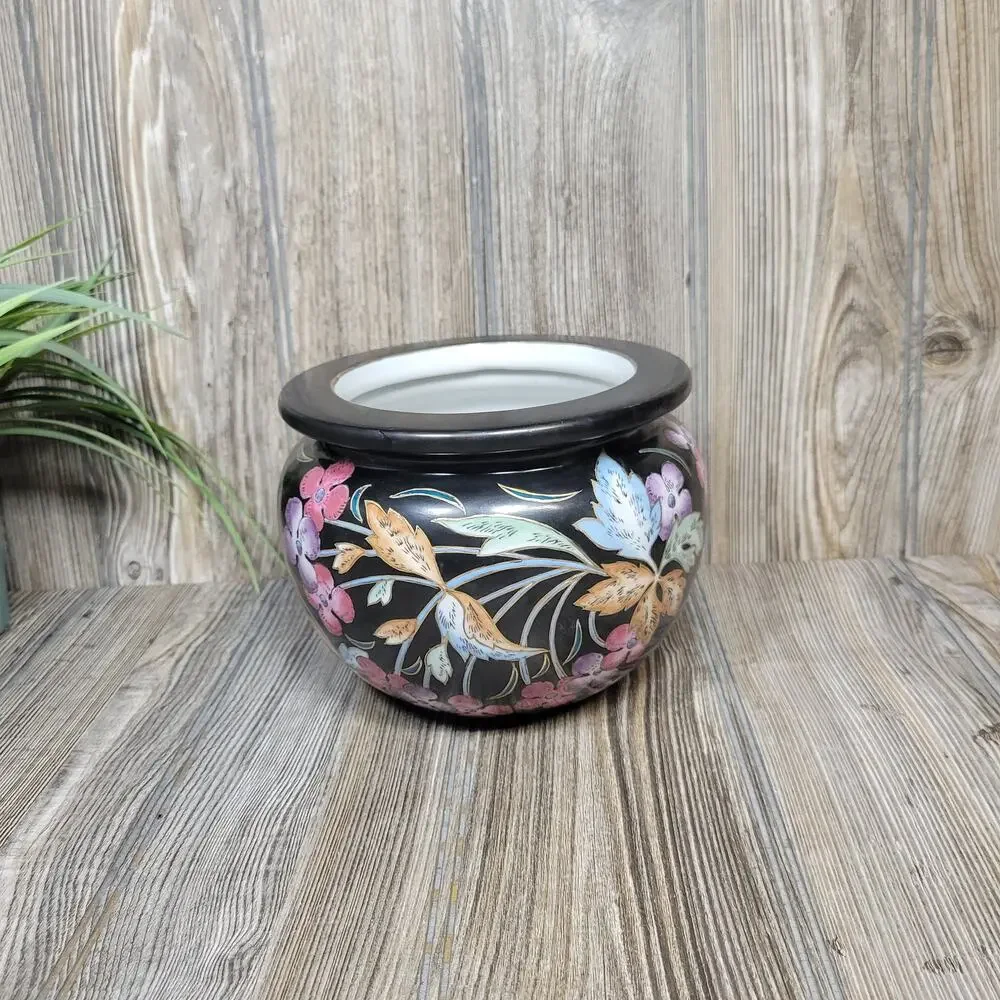 Vintage Hand Painted Floral Black Planter, Oklahoma Importing Co - Picture 2 of 7